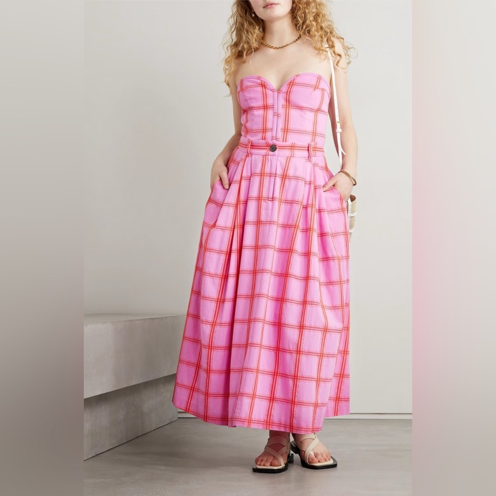 NWT Mara Hoffman Rilynn Cropped Strapless Embroidered Checked Cotton Top - Picture 2 of 7